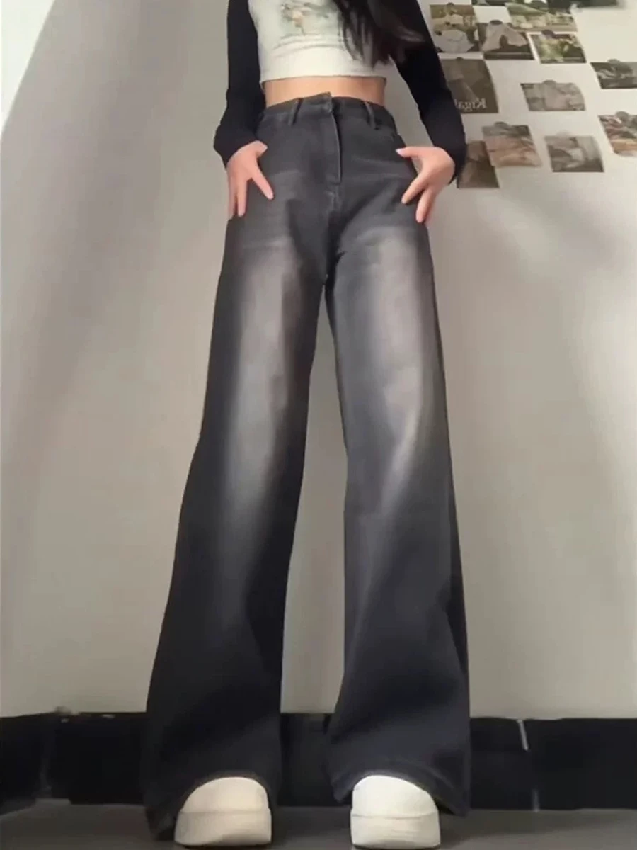 Dżinsy plus size z wysokim stanem, proste nogawki, damskie, wiosenno-jesienne, luźny krój, casualowe, szerokie nogawki, długość do podłogi.