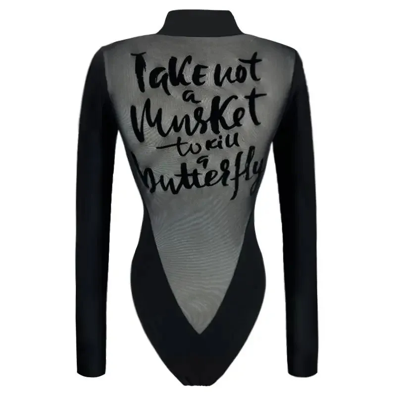 Body de malla transparente con espalda descubierta para mujer, Body Sexy negro ajustado de manga larga con estampado de letras, Top Y2k, traje de cuerpo de una pieza para Otoño e Invierno