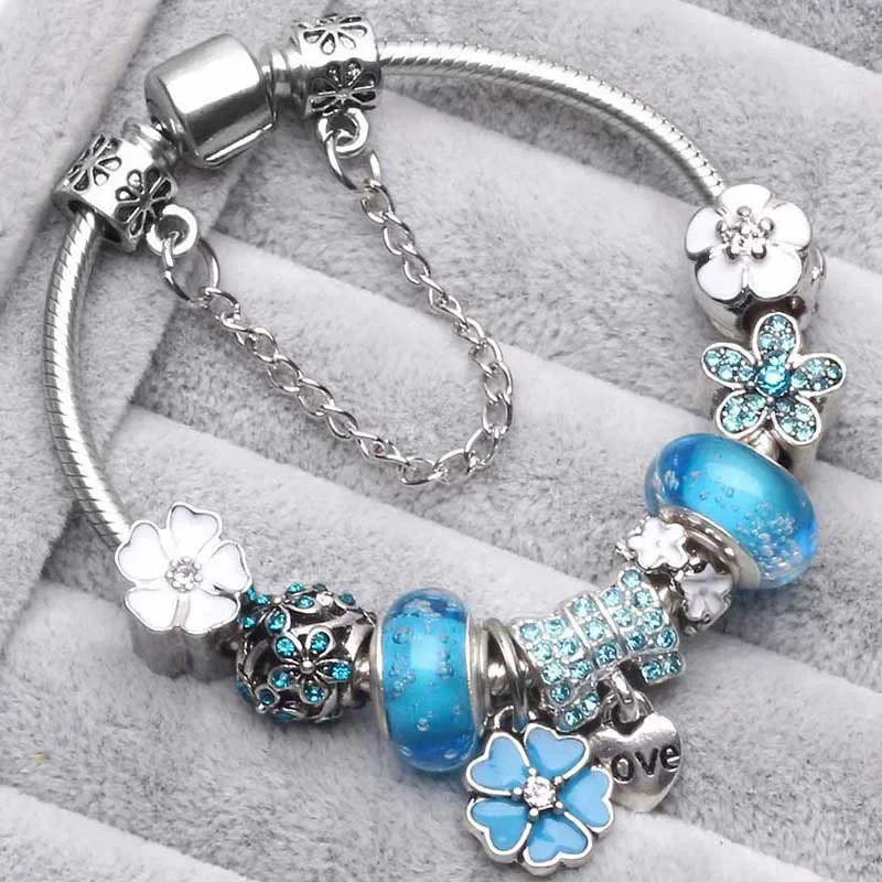 New 925 Sterling Silver Original Flower Beads Pan Dora Moments Bracelet Three Colors Shili Peach Blossom DIY Bracelet Jewelry