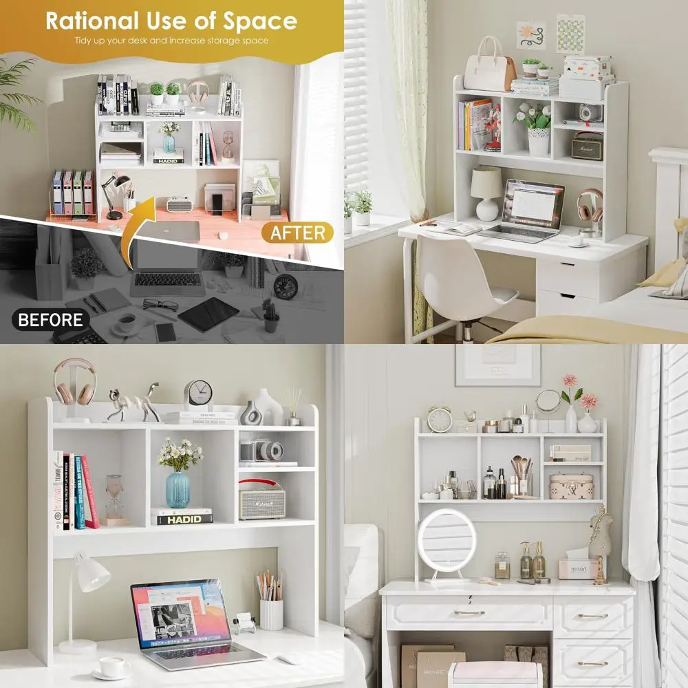 

White 4-Tier Wood Storage Hutch for Desk, Multipurpose Shelf Organizer for Home Office or Dorm
