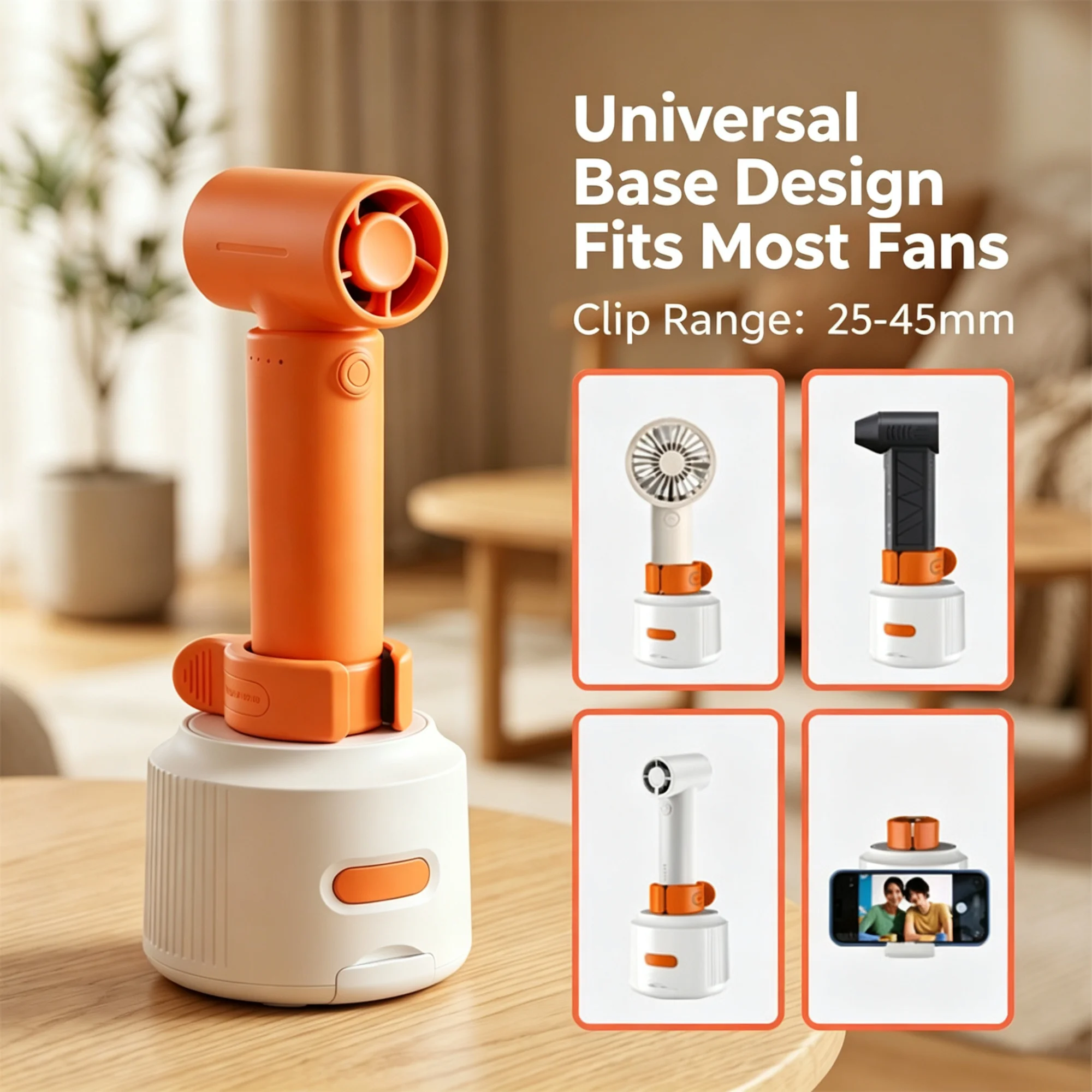 Mini Fan Rotating Base Auto Swivel Wide Clamp Separate Control Switch USB Powered Retractable Phone Holder For Home Office
