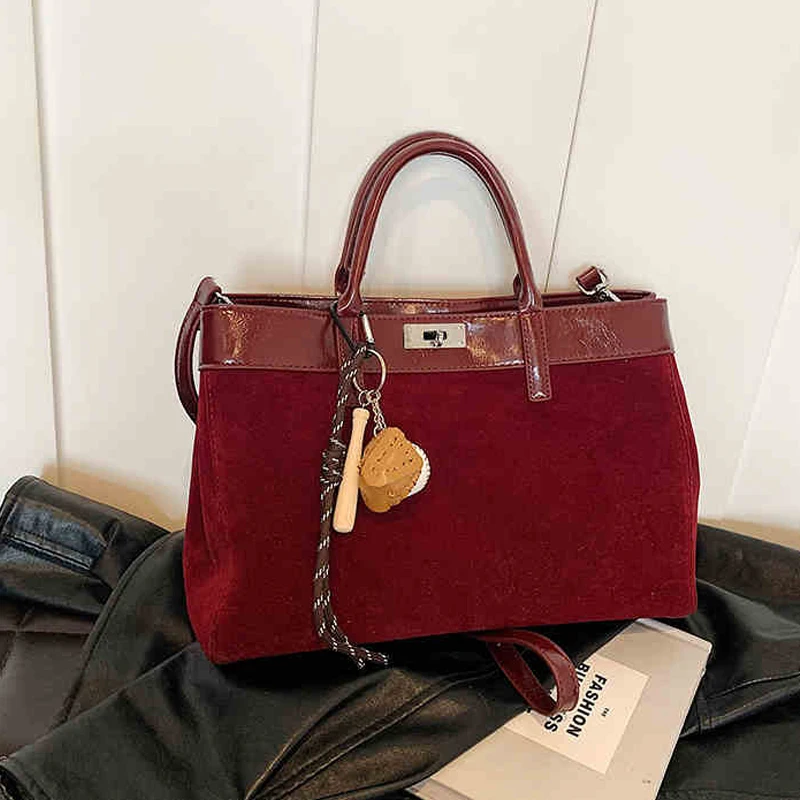 Temperament Wine Red Handbag Autumn Winter Women\'s Party Shoulder Bag Large Capacity Suede Leather Splicing Crossbody Bags