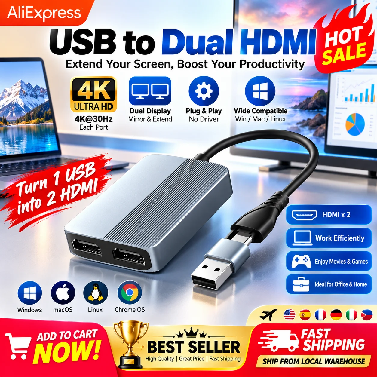 USB 3.0 Type-C to Dual H DMI Adapter 1080P 60Hz Three Screen Video Converter Plug and Play Screen Mirroring Laptop/PC/TV/Monitor