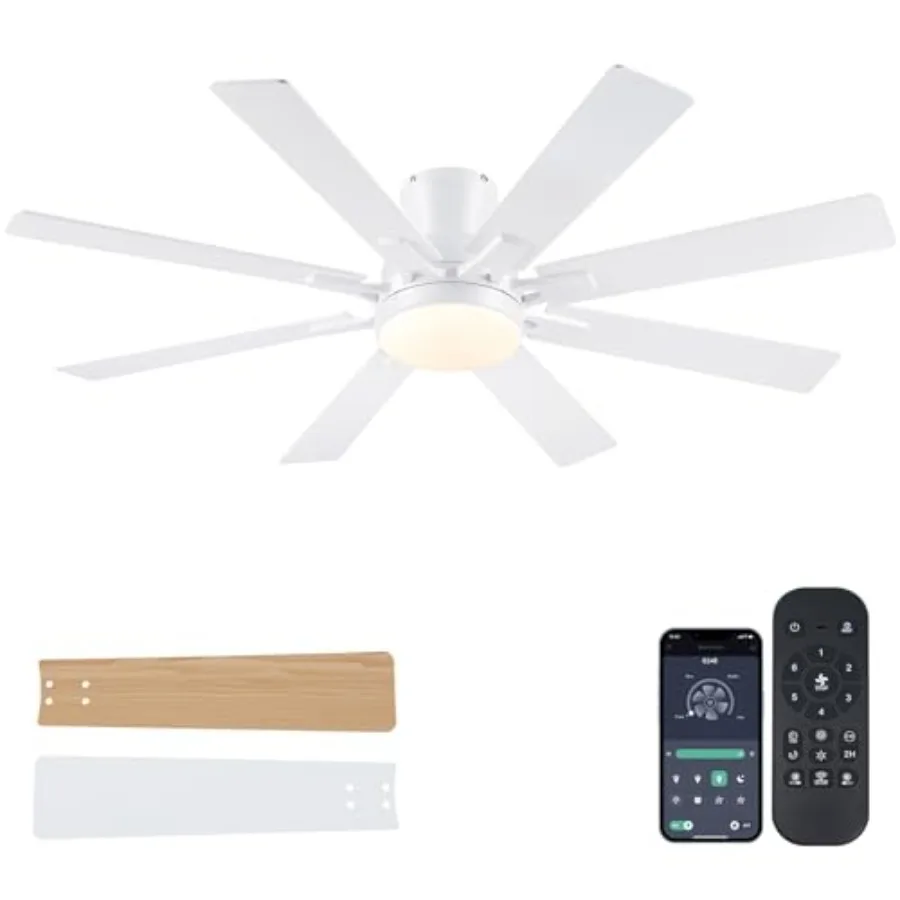 

Bedroom and living room ceiling fan with light, white low-profile flush mount 52-inch modern fan, 8 wood blades, quiet DC motor