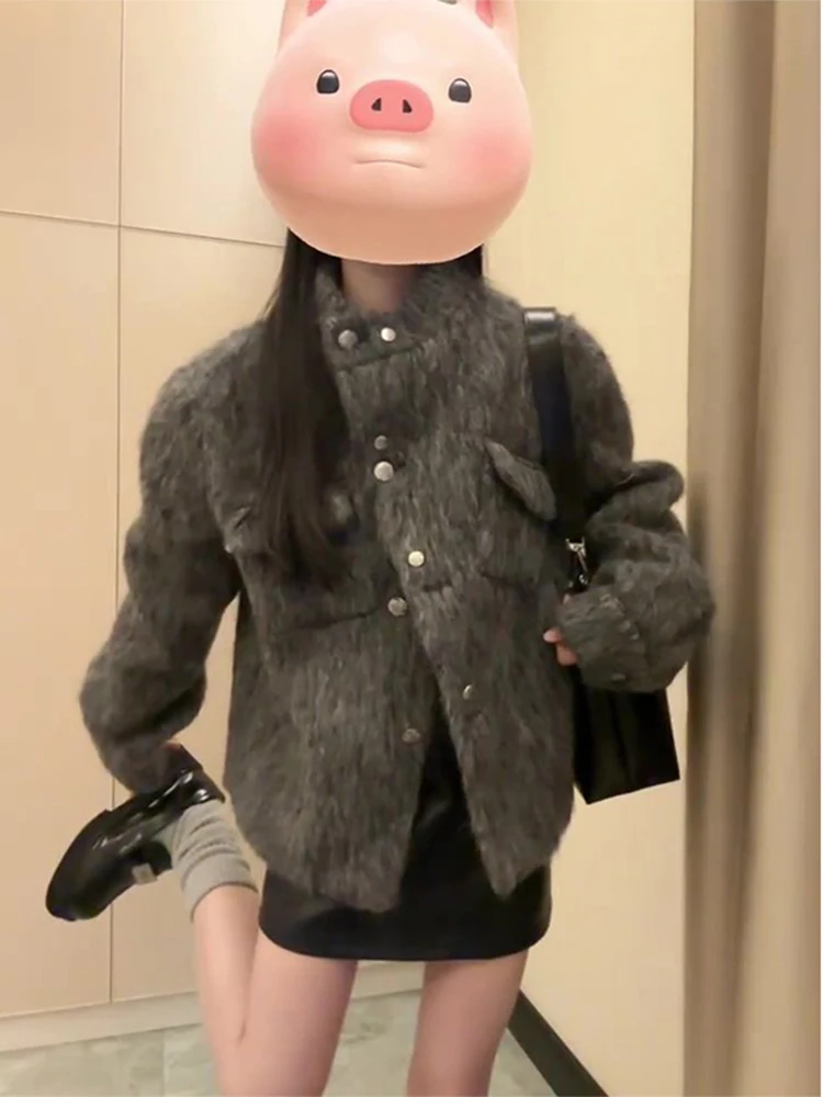 회색 두꺼운 울 코트 여성용 가을 겨울 신상 한국 고급스러운 느낌 트위드 재킷 트렌디 버튼업 긴팔