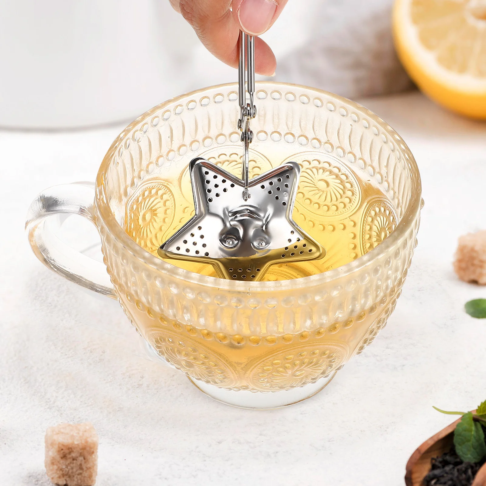 

4 pcs Stars Strainer Stainless Steel Loose Leaf Infuser Long Handle Snap Ball For Coffee Juice Home Office Use
