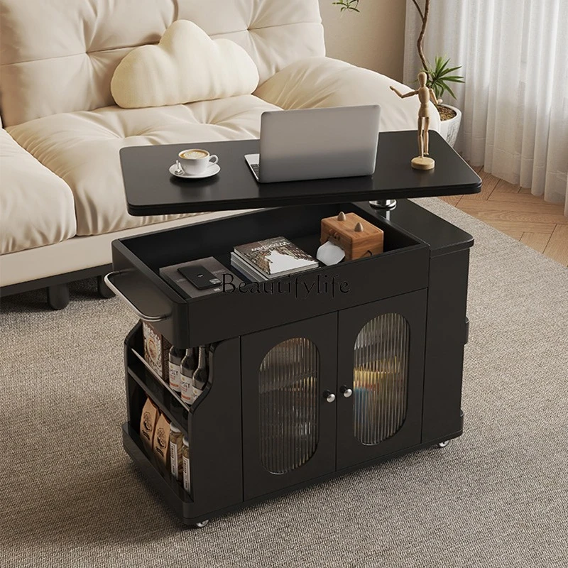 05-*Retro style solid wood sofa edge few movable lifting side cabinet living room rotating small tea table