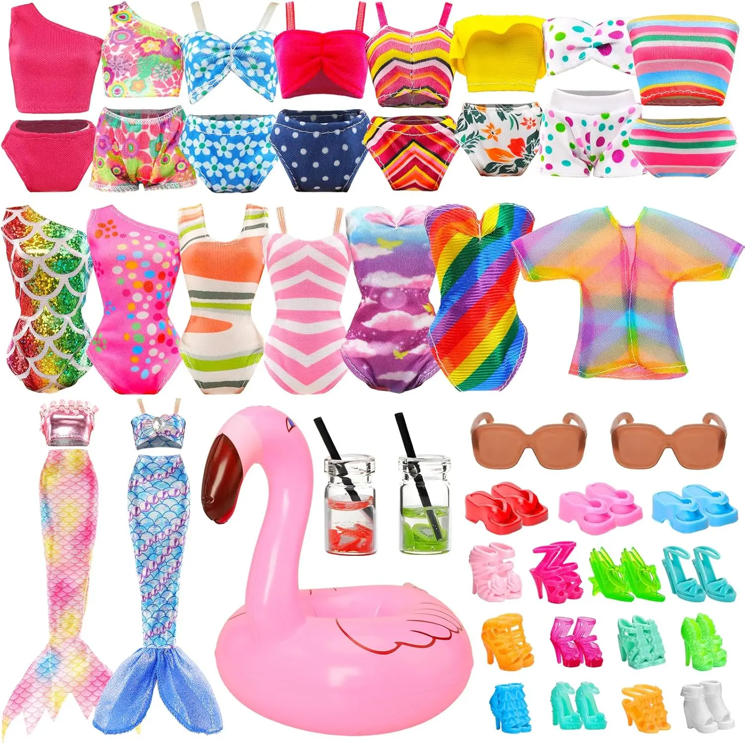 Barwa 20 PCS Doll Clothes Swimwear Beach Bathing Set 5 Bikini Swimsuit, Coat, Mermaid Dress, 5 Shoes, 3 Slippers, Swimming Ring