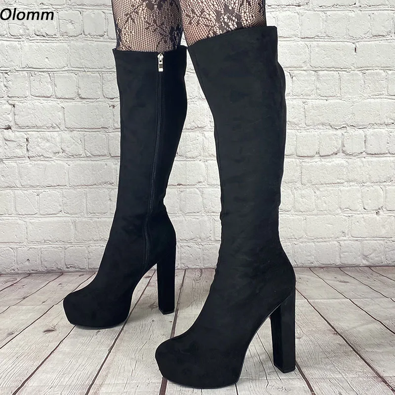 

Olomm Women Winter Knee Boots Faux Suede Full Zippers Block Heels Round Toe Elegant Black Casual Shoes Ladies Plus US Size 5-20