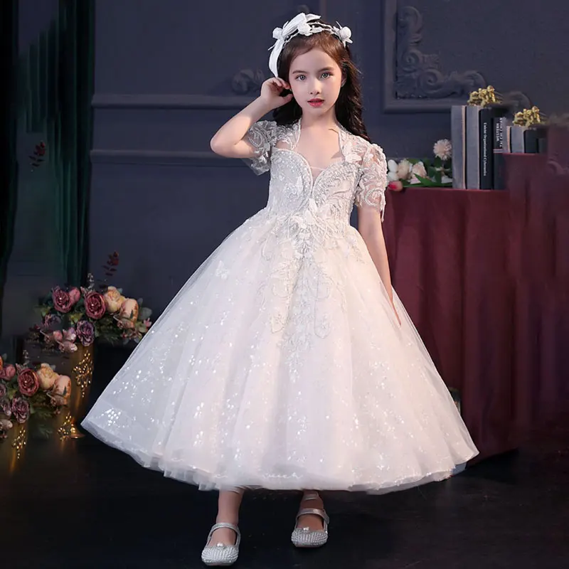 Little Girls Very Elegant Dress Toddler Kids Glitter Princess Party Gown Young Girls communion White Tutu Dresses 2-14 Years