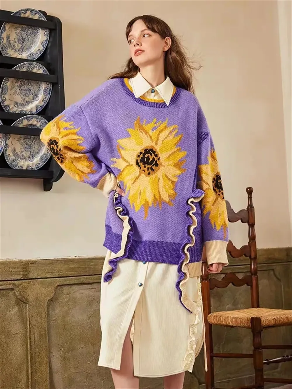 Dress2024 Luxury Van Gogh Art New Sunflower Pattern Wooden Ear Edge Panel Sweater Wide Matsu Female