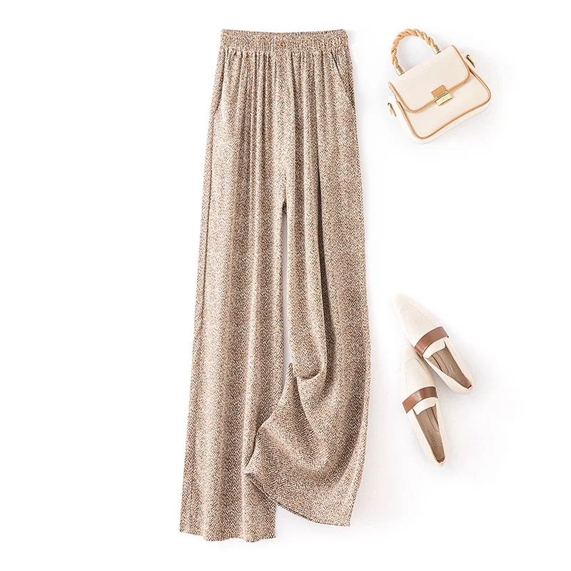 95% التوت الحرير 5% دنة جورجيت الحرير النساء السراويل الجمل المطبوعة واسعة الساق السراويل الطويلة مرونة الخصر مع جيوب QQ049