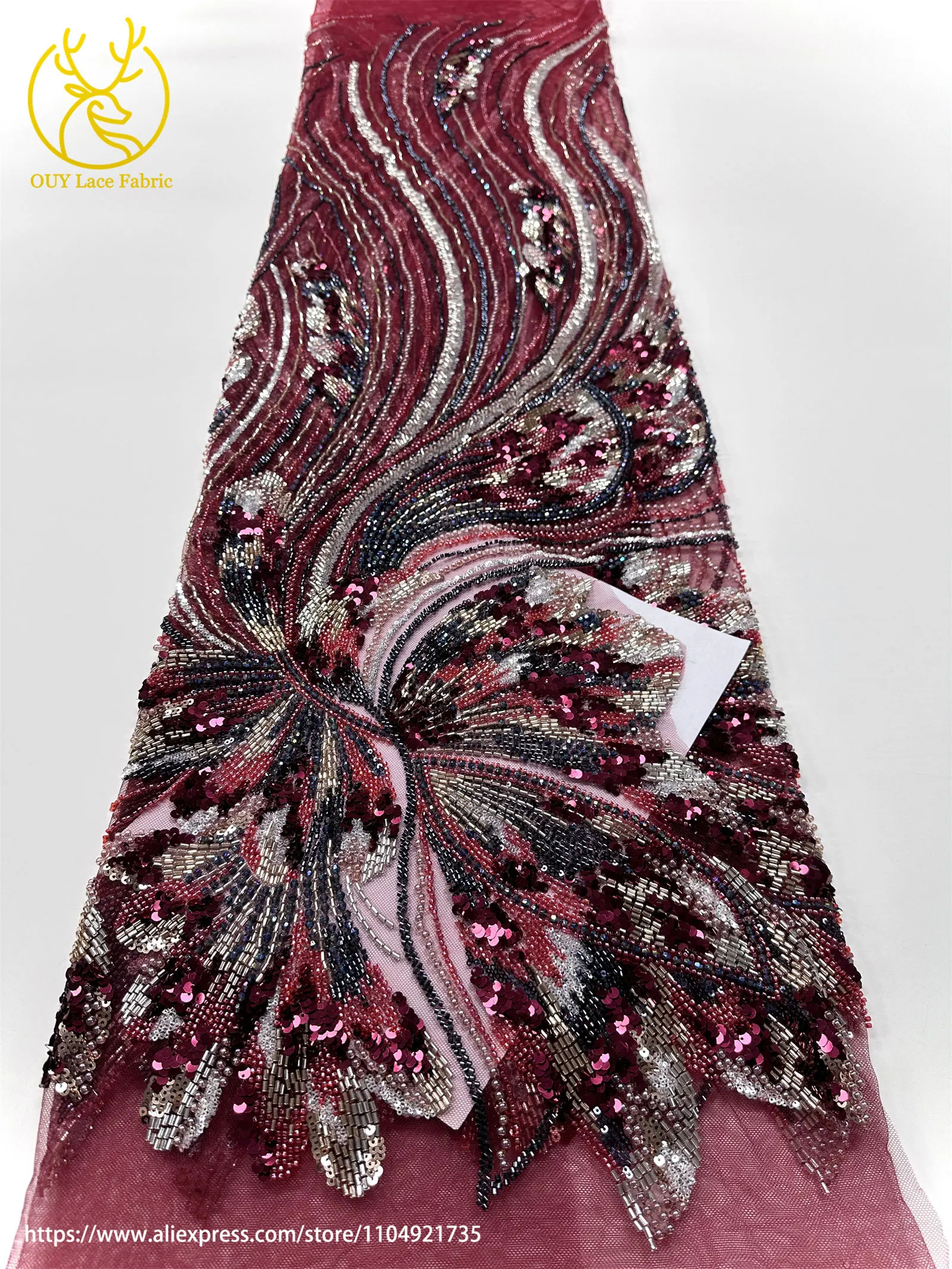 Kain Brokat Prancis Mewah Desain Baru dengan Payet Tangan, Kain Tulle Bordir Payet Afrika Dubai 2025 untuk Menjahit Gaun