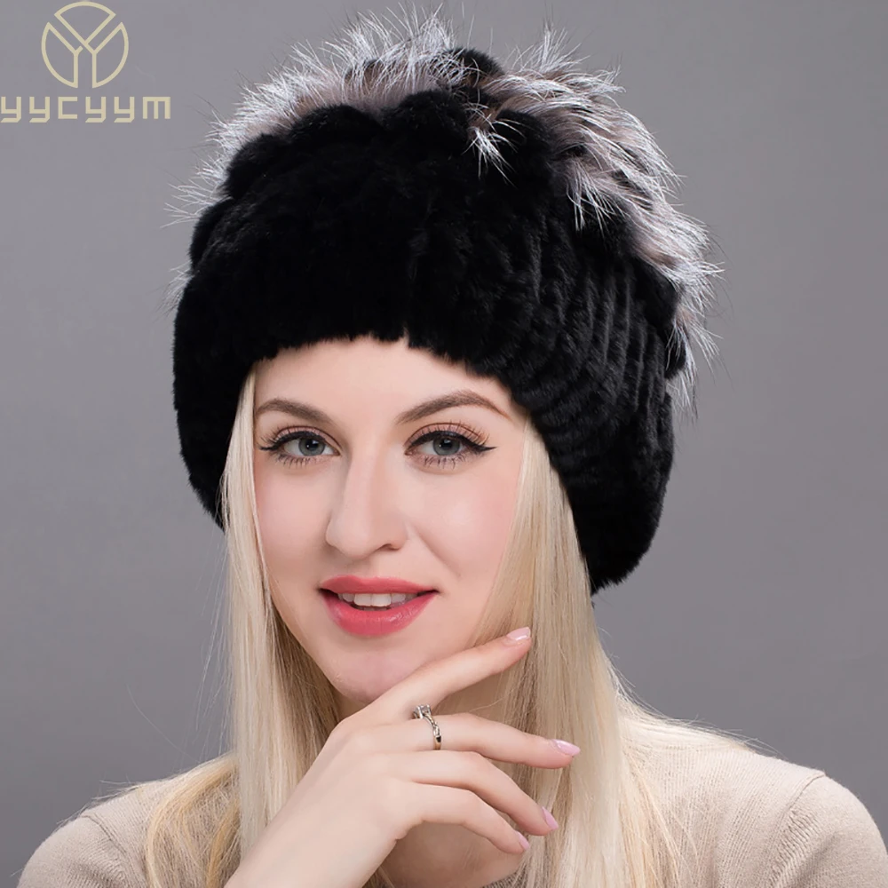 Hot Sale Russia New Winter Real Fur Beanies Hat Women 100% Genuine Real Rex Rabbit Hat Good Elastic Knitted Rex Rabbit Fur Caps