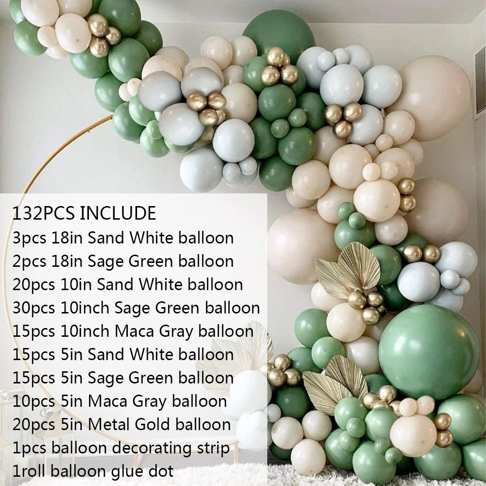 132Pcs DIY Bean Green and Sand White Balloon Garland Arch Kit for Baby Shower Bridal Shower Wedding Birthday Party Decoration