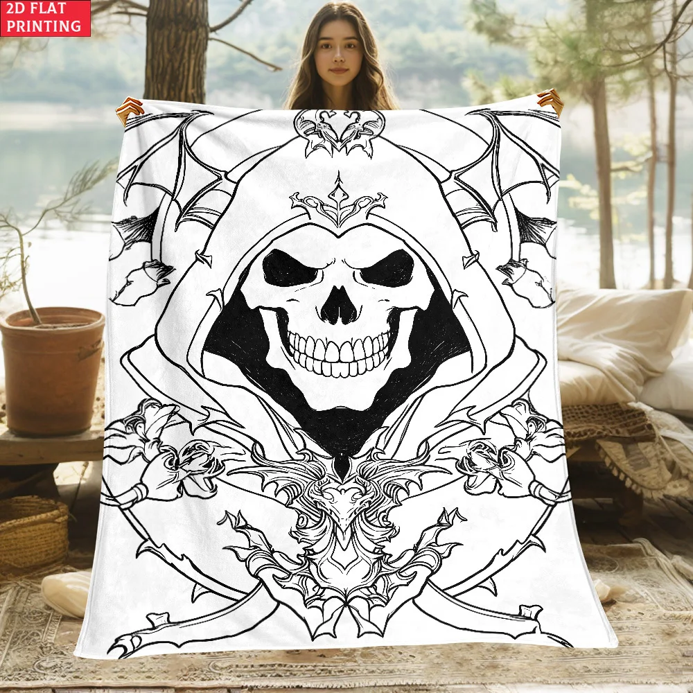 1pc 2D Flat Print Skull Hooded Blanket. Made of Soft and Warm Flannel Material, Suitable for Travel, Camping, Sofas, Living Room