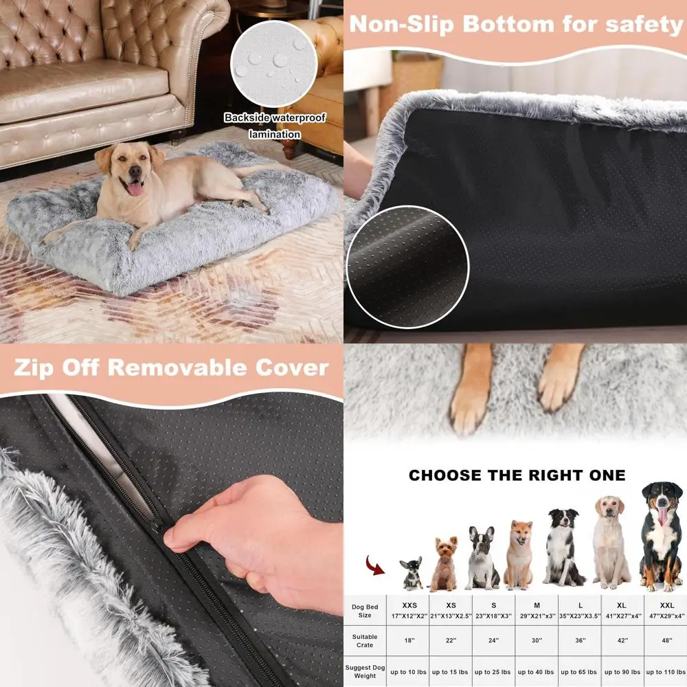 

XXL Waterproof Plush Dog Bed, 47x29 Faux Fur Cover, Washable Dark Grey Crate Mattress