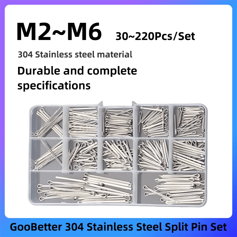 

GooBetter 30~220Pcs Split Pins Set M2 M2.5 M3 M4 M5 M6 12~70mm 304 Stainless Steel Split Pin Fastener Clips Assortment Kit