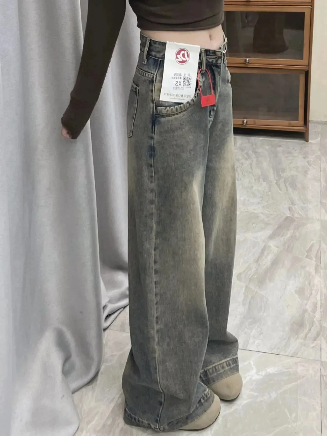 

Женские прямые джинсы, эластичные женские кавайные милые японские Harajuku, корейские женские джинсовые брюки, модные эстетические