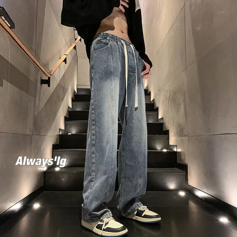 

Fashion 2025 Spring Autumn Men's Washed Cotton Straight Leg Jeans Streetwear Large Size M-5XL Denim Pants Youth Loose Trousers