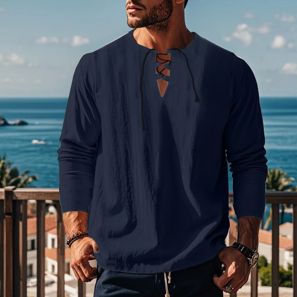 

New Autumn Long-sleeved Loose Straps V-neck Popular European and American Men's Solid Color Cotton and Linen Beach Shirt