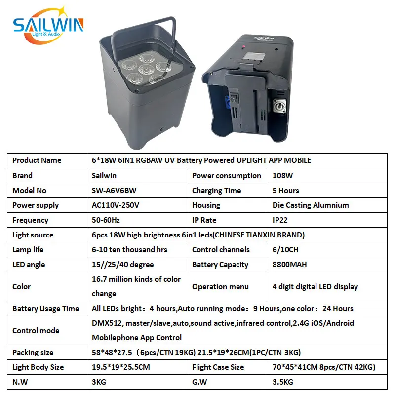 CE Sailwin Dmx ضوء المرحلة 6X18 واط RGBWA UV DJ بطارية الزفاف معدات إضاءة المسرح بالطاقة اللاسلكية LED Uplight WIFI