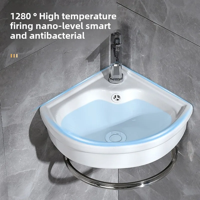 Simple ceramic corner sink for small spaces with hanging stainless steel brackets for bathrooms in hotels or villas