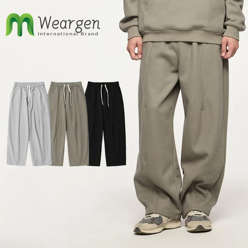 Men Heavy Polar Fleece  New Arrival Accordion Pleated Rivet Fleece Wide Leg Sweatpants Sports Pants 13344W24