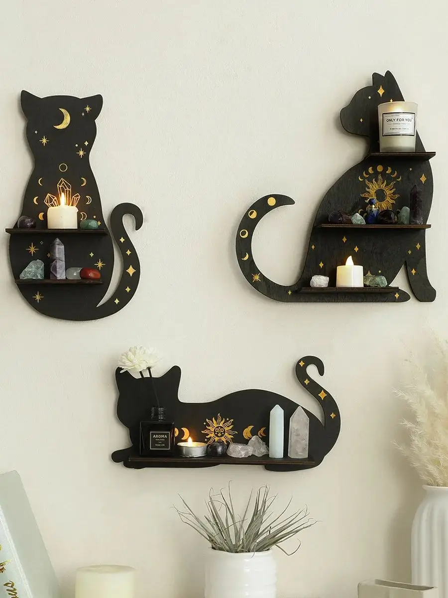 Wooden Shelf 1/2-Tier Moon Phase Black Cat Wall Shelves Crystal Display Stand Essential Oil Rack Ledge Gothic Home Decor Gifts