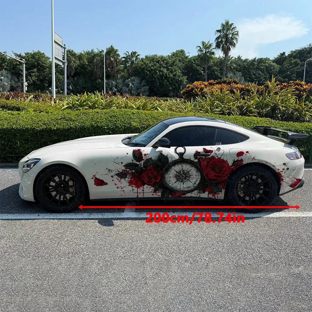 2pcs Blood Dripping Red Rose Pocket Watch Car Side Wrap, Self-Adhesive PVC Waterproof & Scratch-Resistant Sticker, Car Accessory
