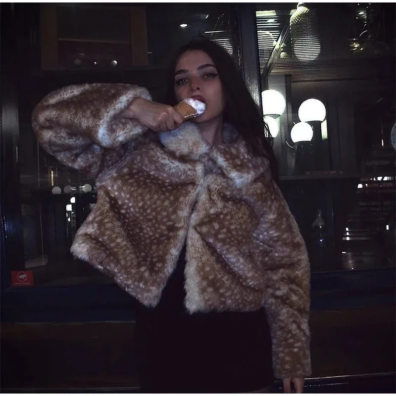 Spotty The Fawn Lapel Faux Fur Jackets Slim Brown Furry Jacket Fluffy Casual Elegant Fancy New Ladies Plush Coats Faux Mink 2025