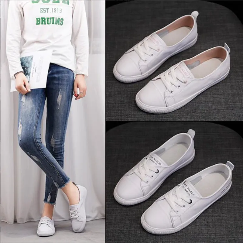 Women\'s Genuine Leather Sneakers Women Casual Fashionable Sports Shoes Vulcanized Woman Summer Flat Shoe Ladies White Lacing 42