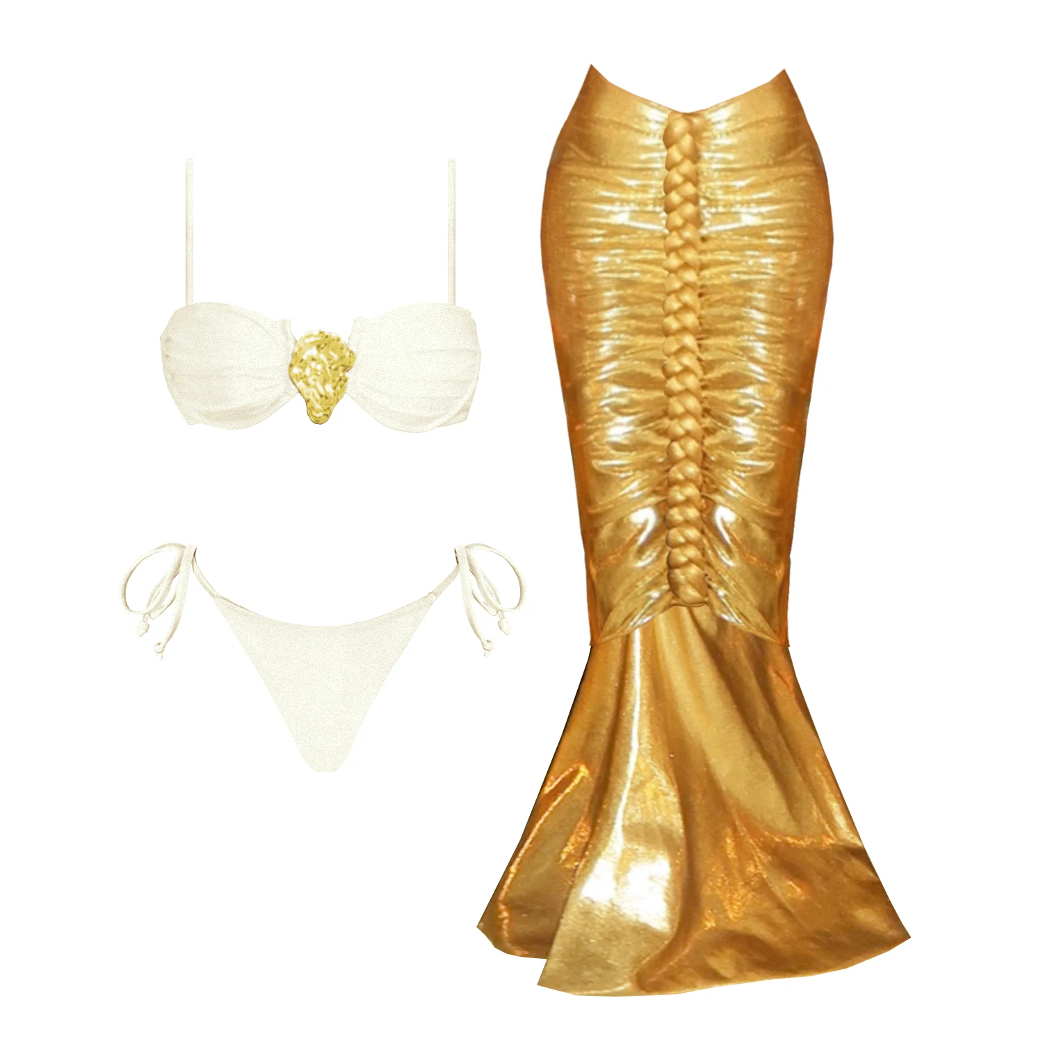 

3Pcs Push Up Bikini With Long Skirt Sexy Women Swimsuit Female Swimwear Shiny Swimming Suit Gloden Biquini Bodysuit Beachwear