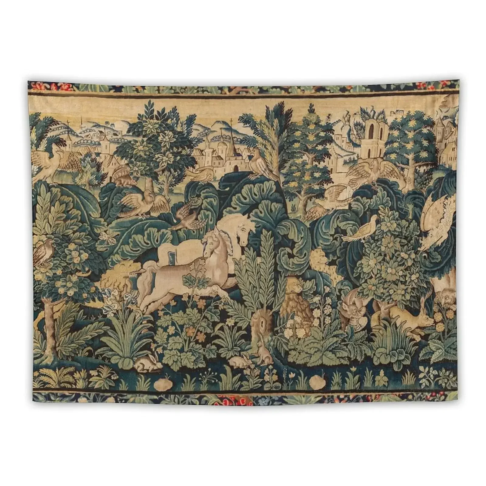 

FANTASTIC ANIMALS AND HORSES IN WOODLAND Blue Green Ivory Antique French Tapestry Mushroom Wall Deco Tapestry