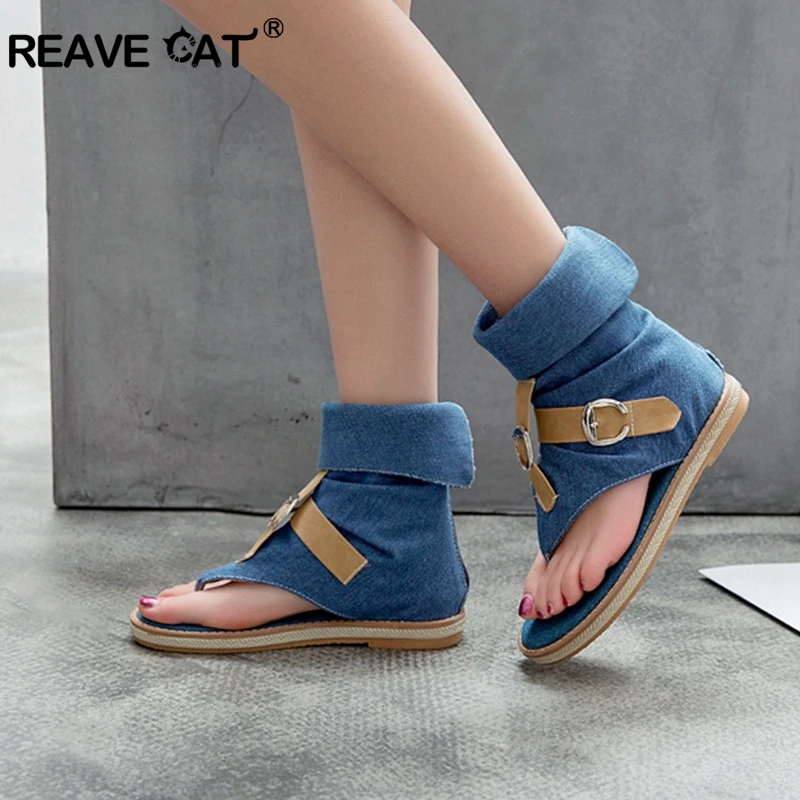 REAVE CAT Blue  Shoes Buckle Gladiator Sandals Women Summer Jeans Boots booties sandalias Size 43