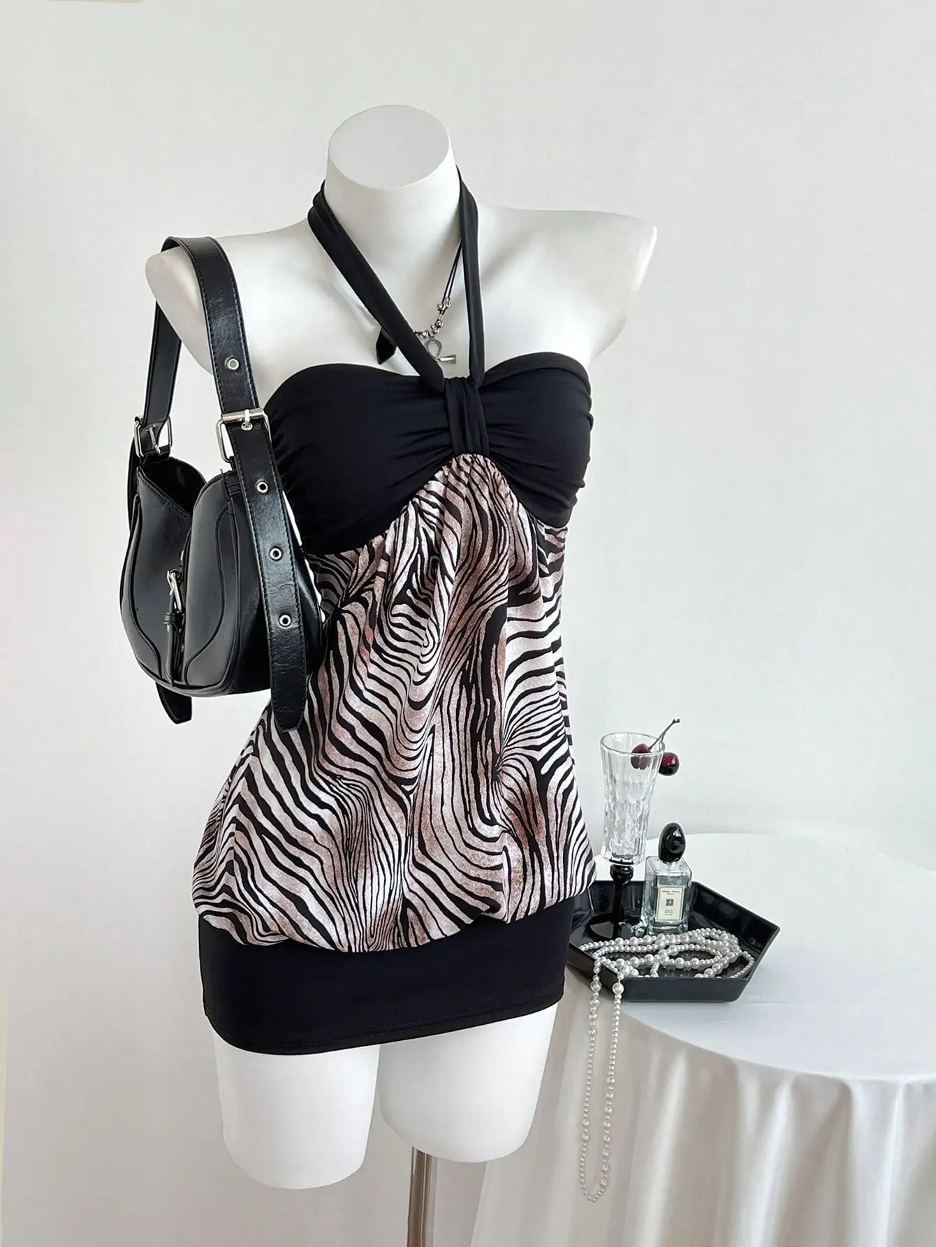 

Elamini Women's Pleated Halter Neck Back Strap Bow Tie Patchwork Clash Color Leopard Stripe Vacation Casual Sexy Dress