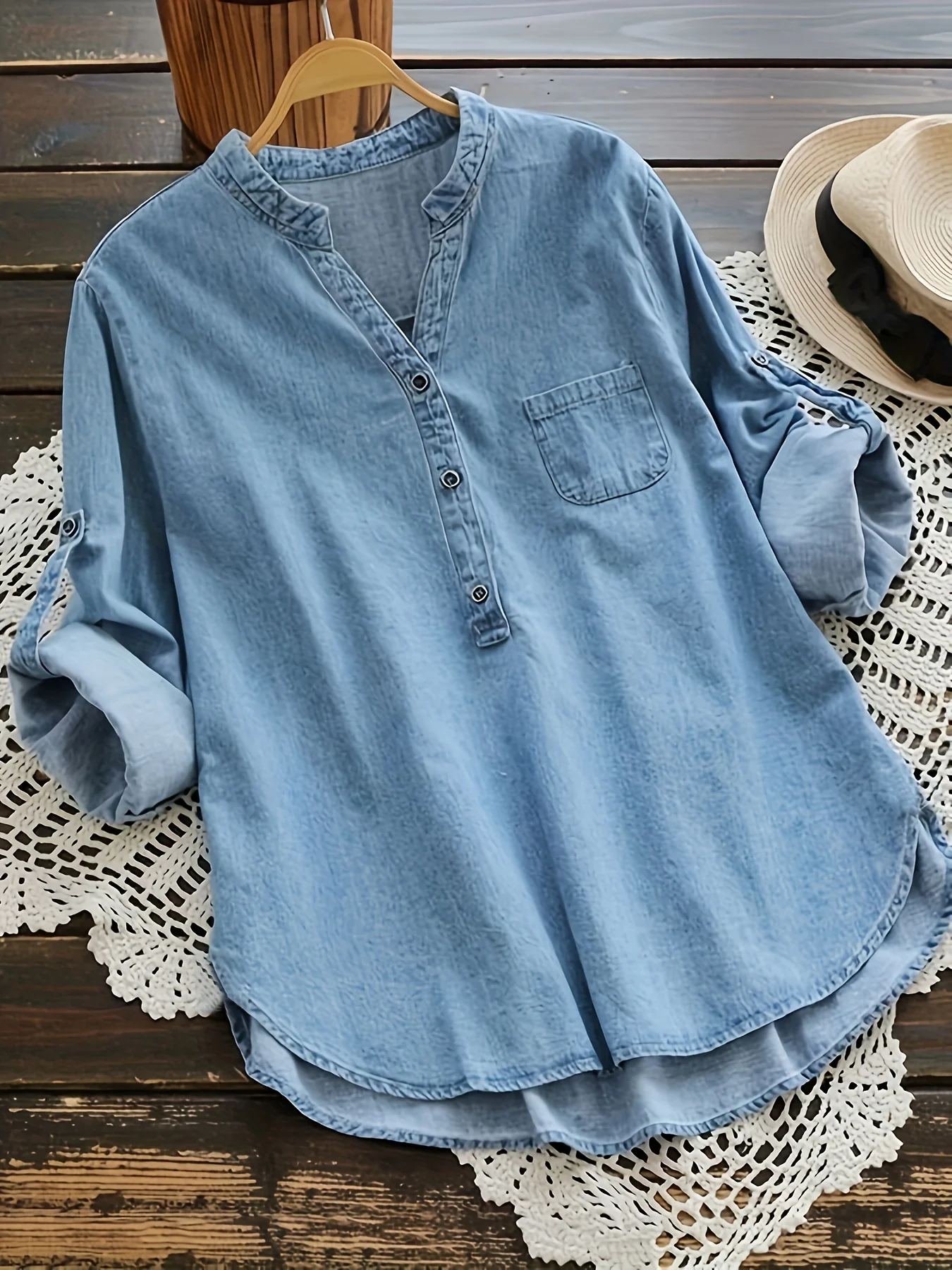 

Women's Casual Denim Pocket Shirt Top