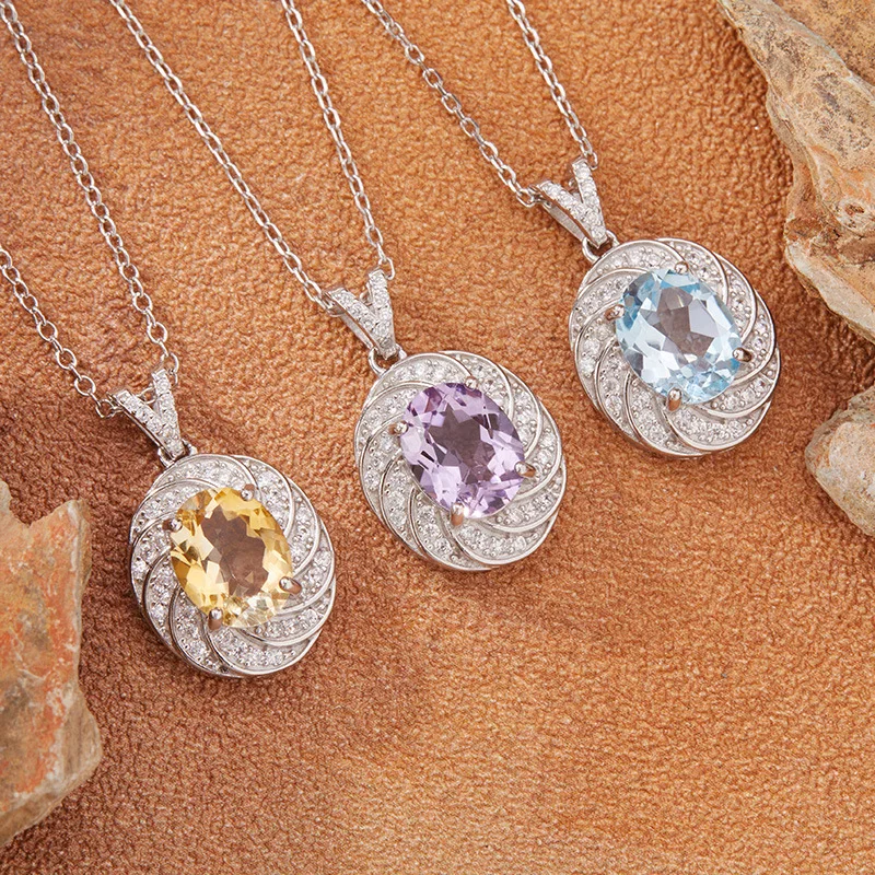 

Natural Topaz Citrine Amethyst Necklace for Womens925Sterling Silver Colorful Gemstone Pendant Jewelry Bestseller