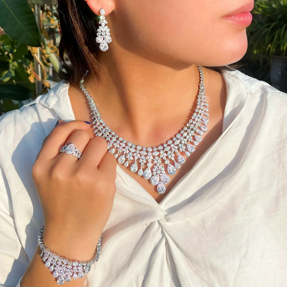 ThreeGraces 4pcs Luxury Bridal Wedding Party Gorgeous Water Drop Necklace Bracelet Earrings Ring Jewelry Set for Brides TZ660
