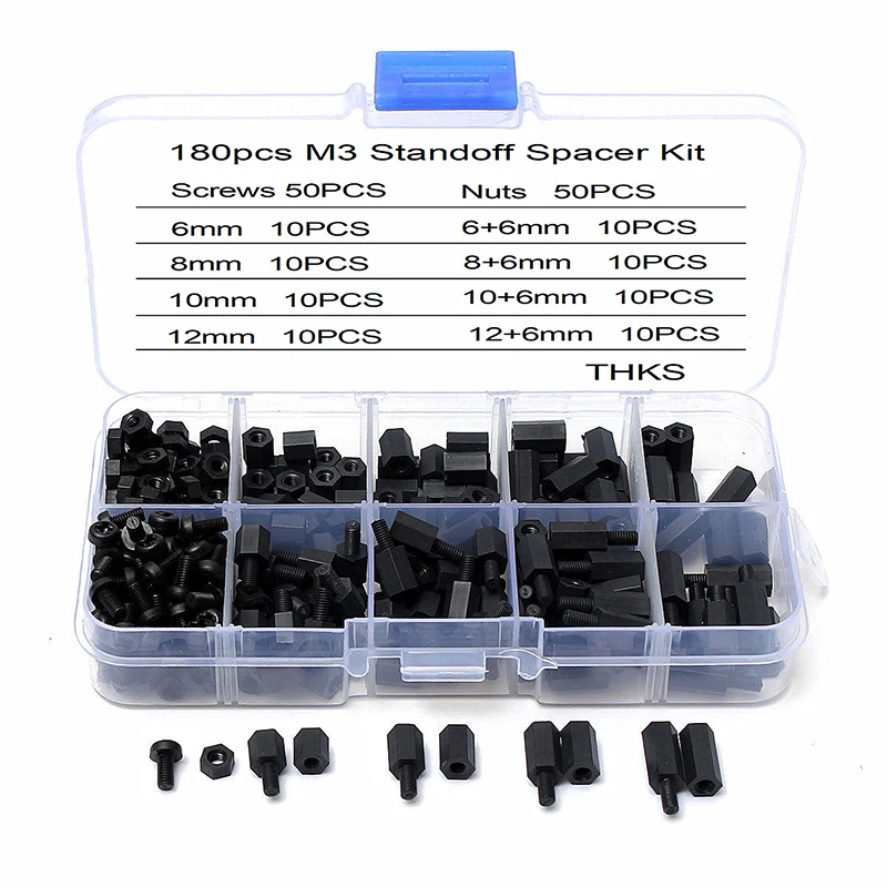 عمود فاصل النايلون للوحة الأم ، m3 ، أنثى ، ذكر ، عرافة ، مسدس ، عمود ، ل pcb ، البلاستيك ، فيليبس ، 180 قطعة