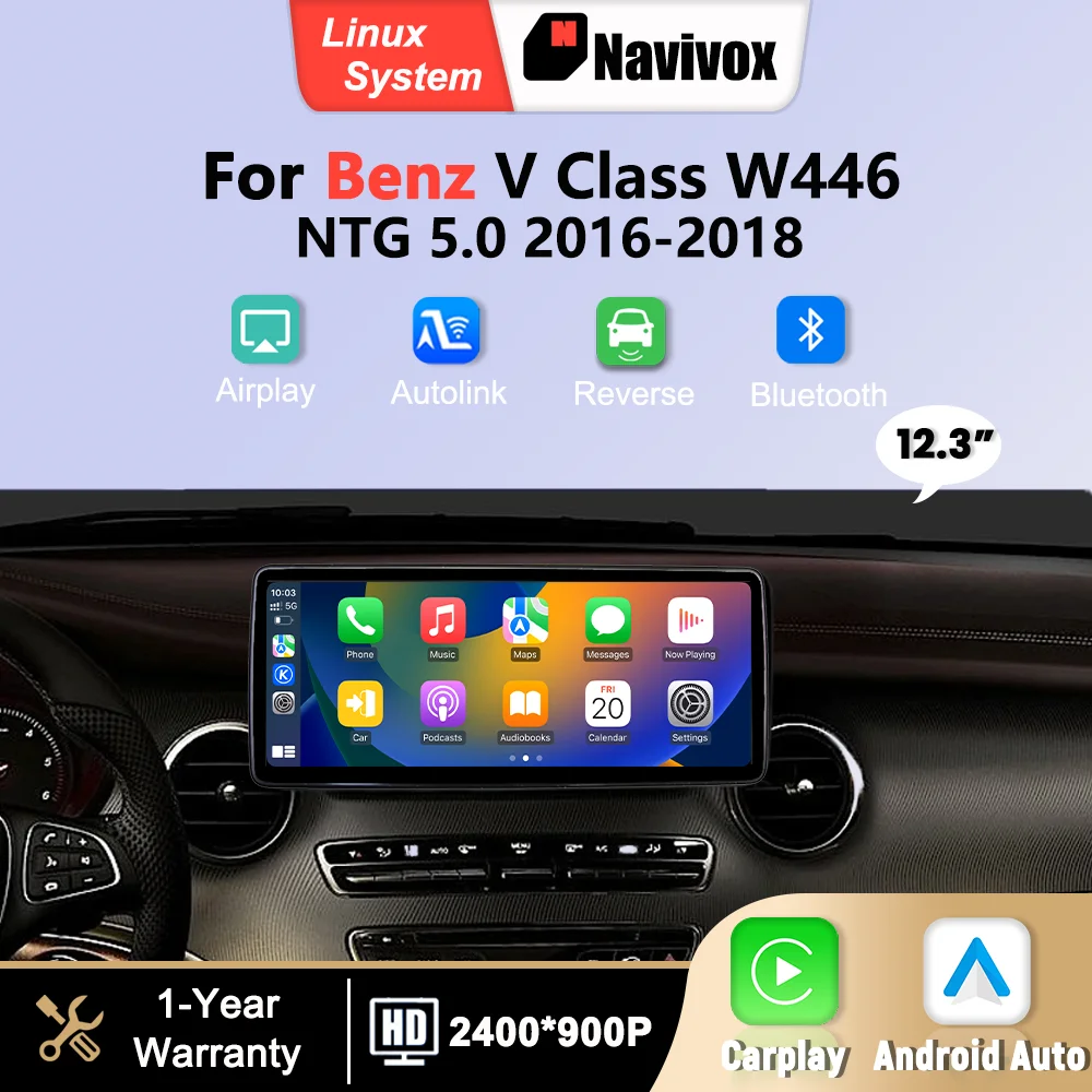 12.3“ 2400*900P Linux Multimedia Scherm Draadloze CarPlay Android Auto Voor Benz V Klasse W446 NTG5.0 2016-2018 GPS BT Autoradio - afbeelding 2