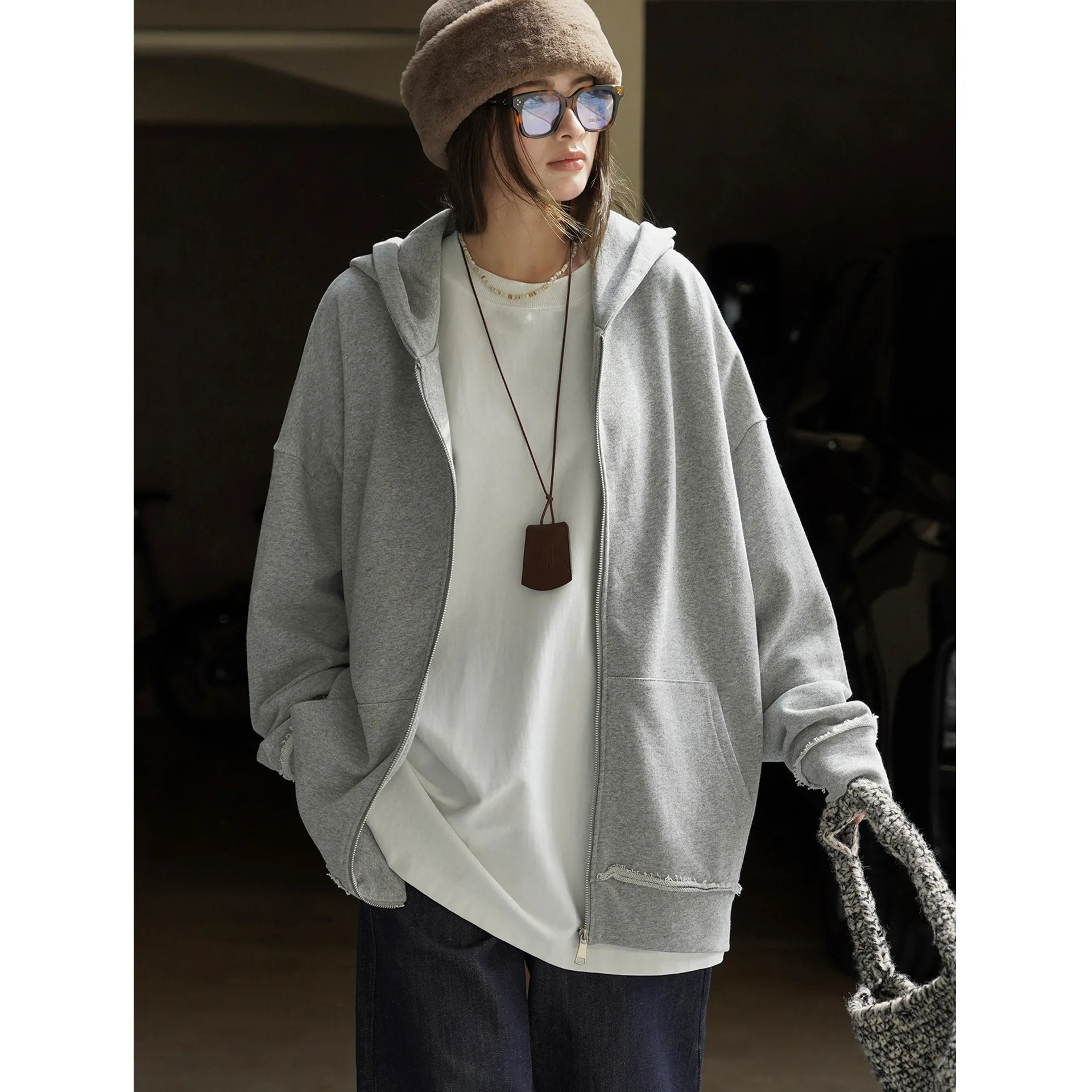 SuperAen Autumn New American Street Design Rough Edge Hooded Hoody Loose Top Women
