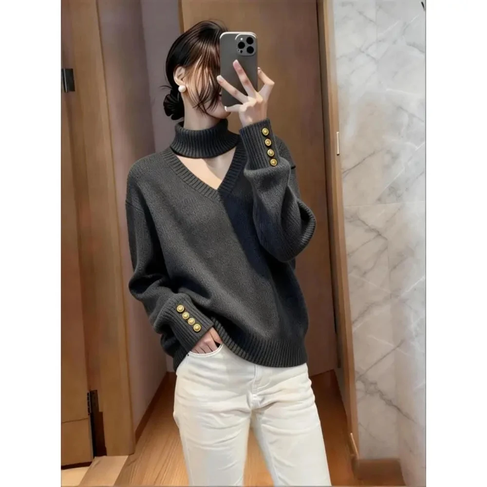 

Solid Color V-neck Knitted Pullover Sweater Women's Autumn Winter New High-end Relaxed Style Casual Versatile Knitted Tops