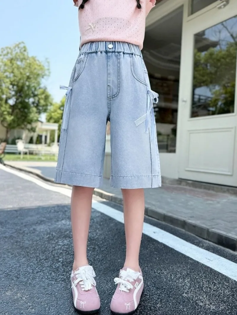 Girls' Lightweight Summer Five Panel Shorts 2026 Trendy Casual Denim Shorts for Kids Breathable Cotton Blend Mid Length Pants