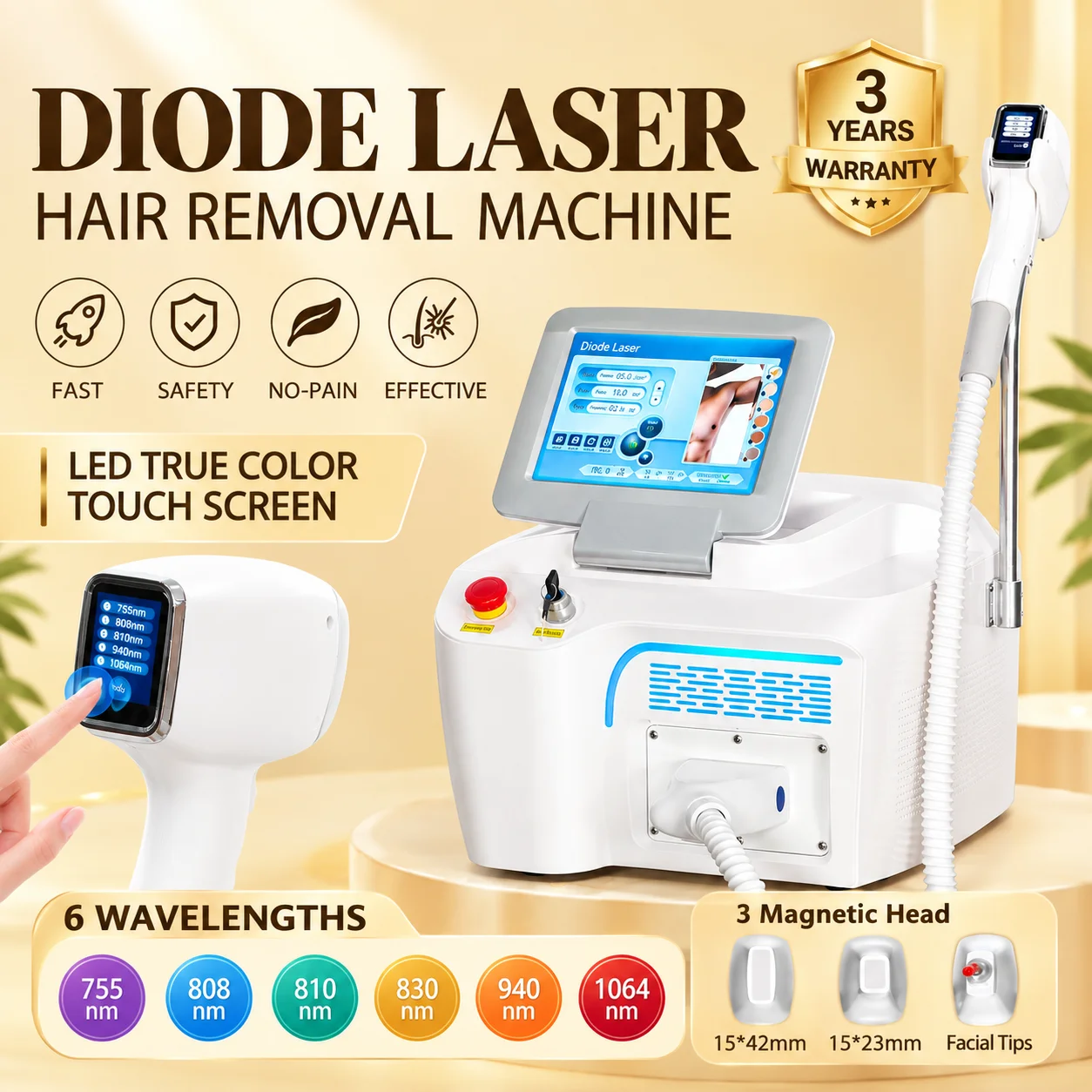 7000W Portable FAC 16Bars Pre-burn Diode Laser Hair Removal Machine 6 Wavelengths  Ice Cooling 3 Magnetic Heads Salon Epilator