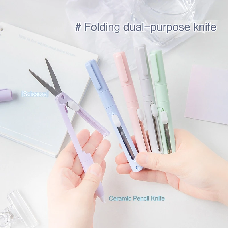 Mini Colorful Folding Scissors Paper Cutter Knife 2 In 1 Multifunctional Pocket Pen Shape Scrapbooking Carving Cutting Art Tools
