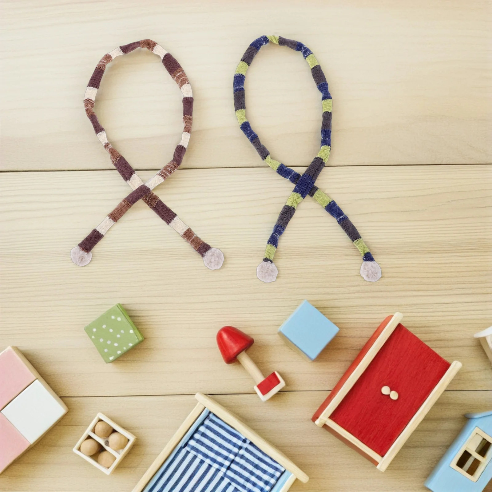 

2pcs Mini Knitted Scarves For : Striped Pompom Design Winter Accessories For Dollhouse Crafts Snowman Diy Projects