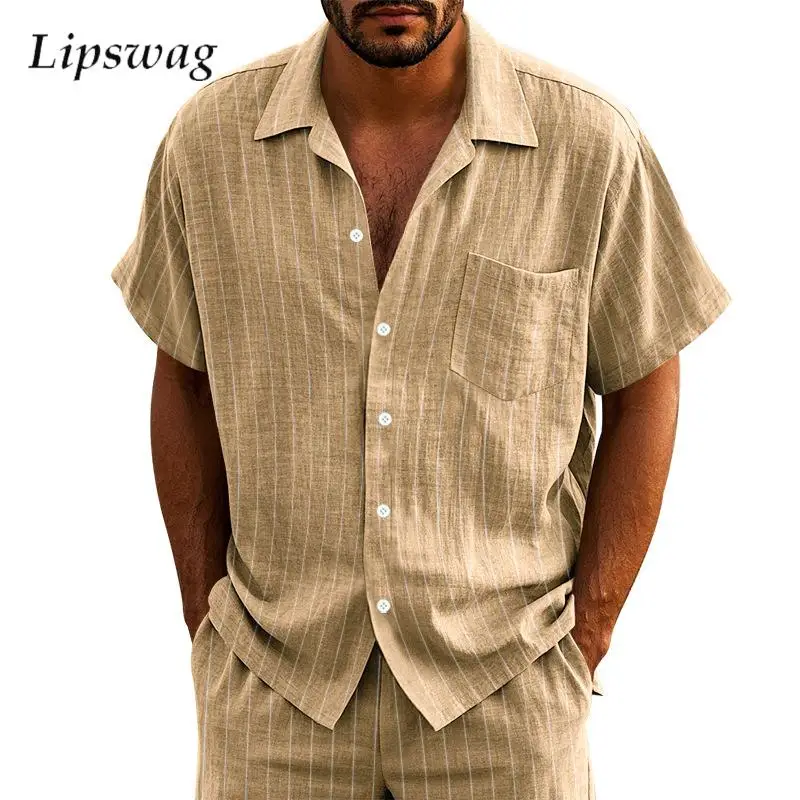 New Casual Mens Linen Shirts Summer Leisure Breathable Loose Short Sleeve Striped Shirt For Men Outdoor Fashion Button Lapel Top