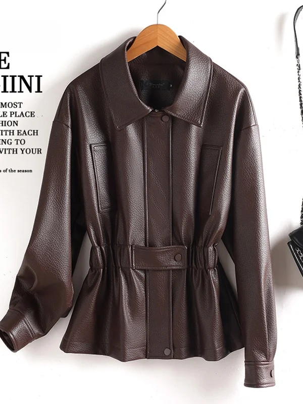 Spring 2026 Women's Genuine Leather Jacket Coat Long Waist-Cinching Retro Collar Sheepskin Jacket Commute Style Breathable