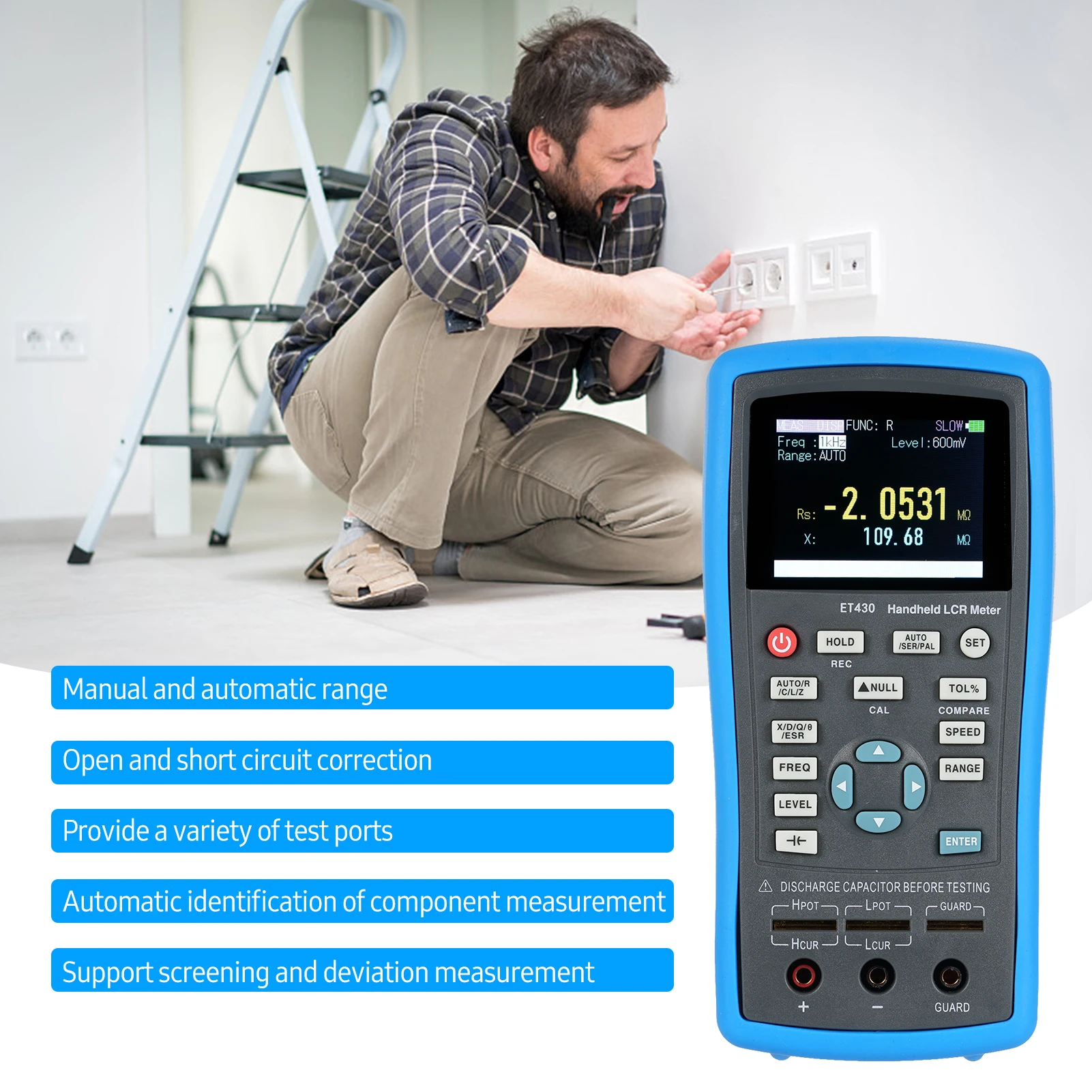 핸드헬드 LCR 미터 100kHz 디지털 멀티미터 인덕턴스 커패시턴스 저항 0.6 Vrms 측정용 2.5인치 LCD